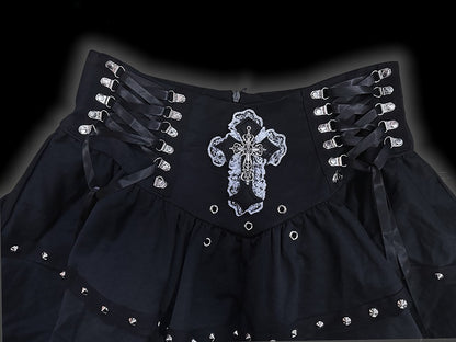 Gothic Punk Black Metal Cross Adorned Studs Design Lace-up Detail Skirt