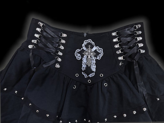Gothic Punk Black Metal Cross Adorned Studs Design Lace-up Detail Skirt