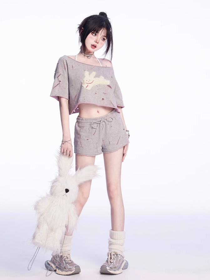 Gray Drawstring Waist Distressed Holes Casual Shorts