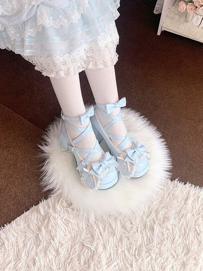 Blue Crisscross Design Bunny Ear Bowknot Sweet Lolita 8CM High Block Heels