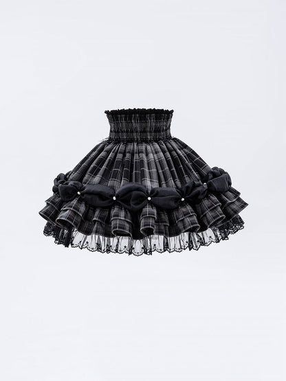 Bead Chain and Bow Accents Adorned High Waist Jirai Kei All Grey Plaid Skirt