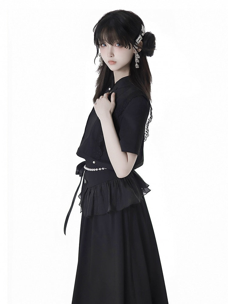 Black Cheongsam Collar Bead Details Short Sleeves Top