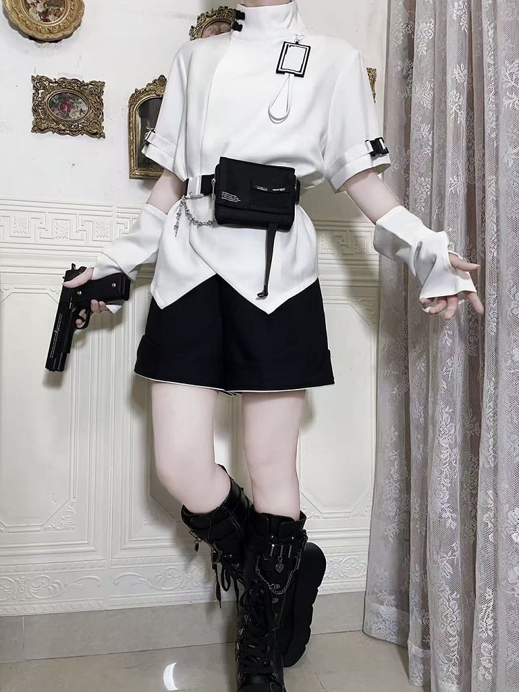 White High Collar Futuristic Techwear Ouji Fashion Buckle Short Sleeves Top
