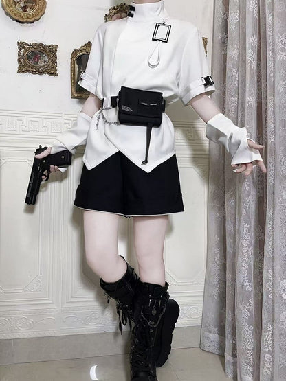 White High Collar Futuristic Techwear Ouji Fashion Buckle Short Sleeves Top