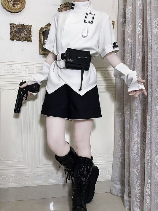 White High Collar Futuristic Techwear Ouji Fashion Buckle Short Sleeves Top