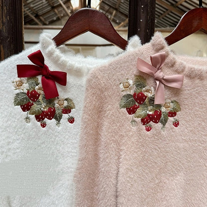 Strawberry Embroidery Neckline Bowknot on Cuffs Dusty Pink Autumn Knit Top