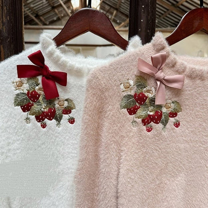Strawberry Embroidery Neckline Bowknot on Cuffs White Autumn Knit Top
