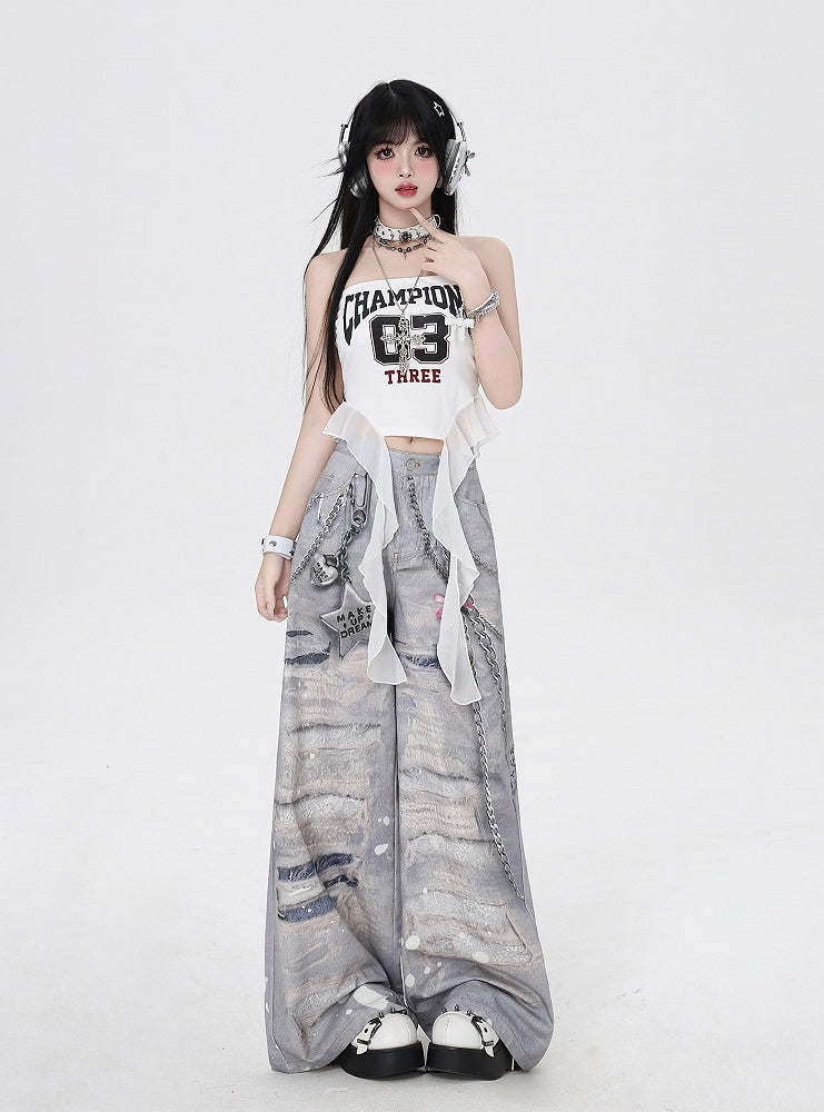 Grey Low Waist Distressed Holes and Chains 3D Print Wide-Leg Casual Pants