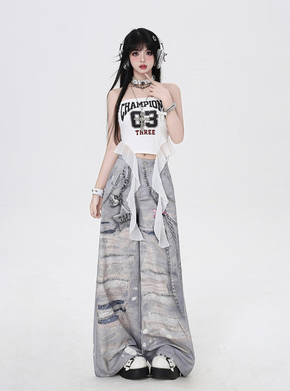 Grey Low Waist Distressed Holes and Chains 3D Print Wide-Leg Casual Pants