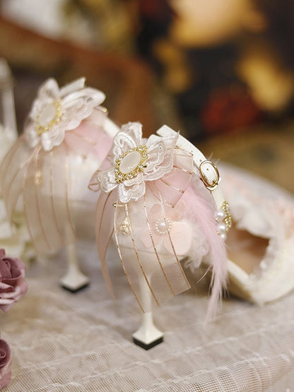 White & Pink Floral Design Feather Decorated 8CM Hime Lolita High Heels