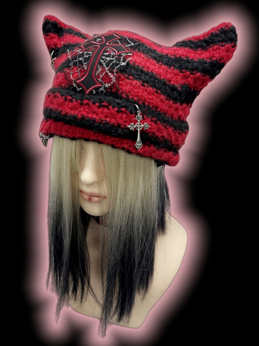 Red and Black Cross Applique Studs Design Punk Cat Ears Striped Beanie