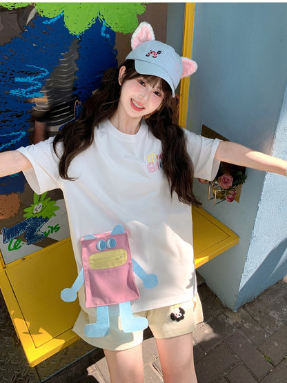 Blue/Pink Cartoon Pocket White Round Neck Loose T-shirt