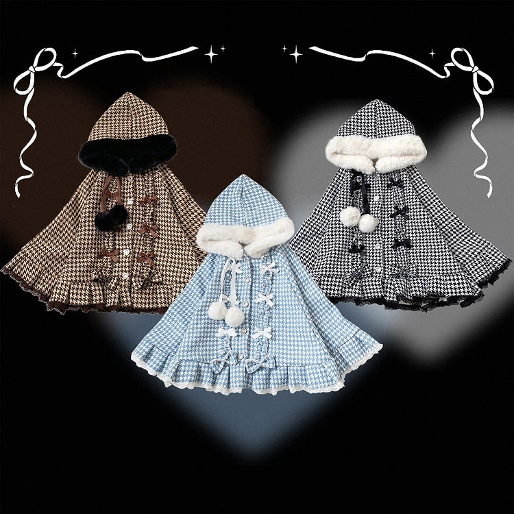 Jirai Kei Houndstooth Fleece-Lined Hooded Cape with Heart Buttons, Bow & Pompom | 3 Colors