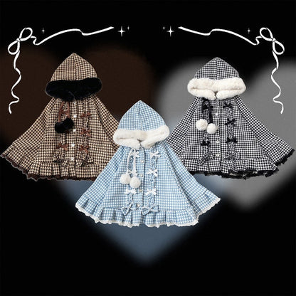 Jirai Kei Houndstooth Fleece-Lined Hooded Cape with Heart Buttons, Bow & Pompom | 3 Colors
