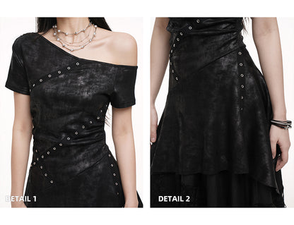 Black Asymmetrical Neckline Criss-cross Straps Cascading Ruffles Dress