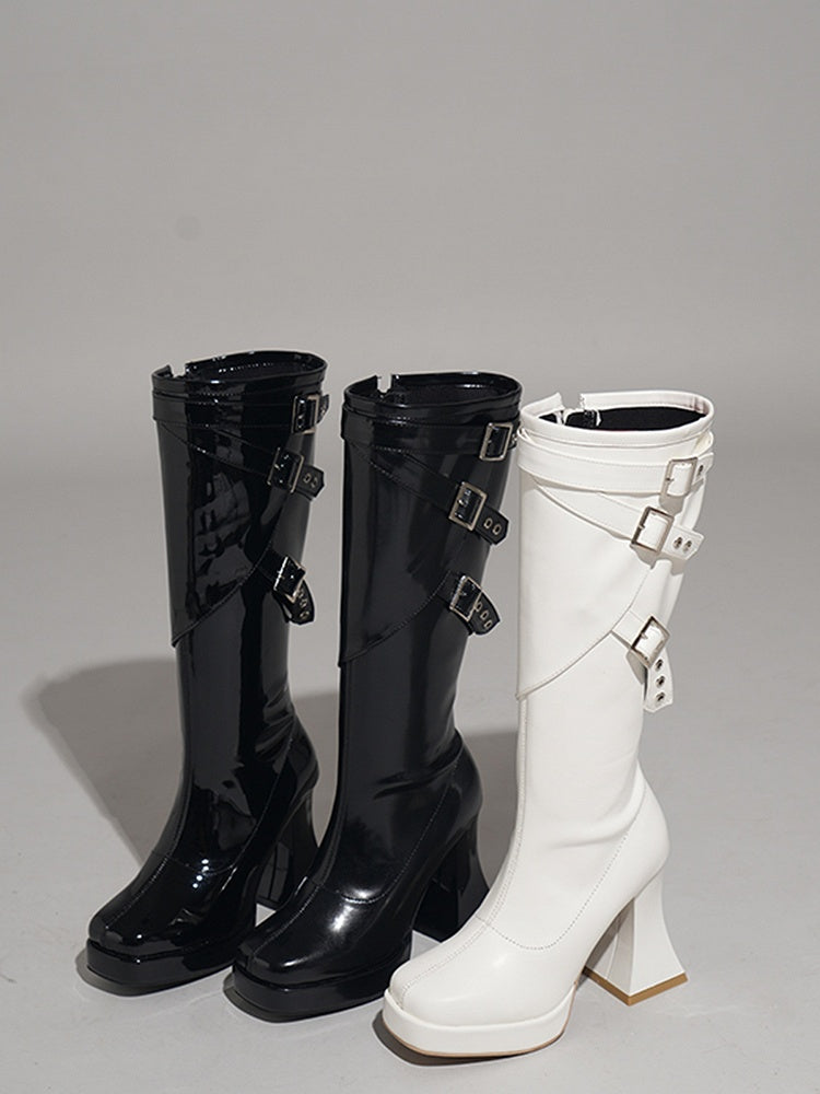 White Buckle Straps High Block Heel Platform Boots