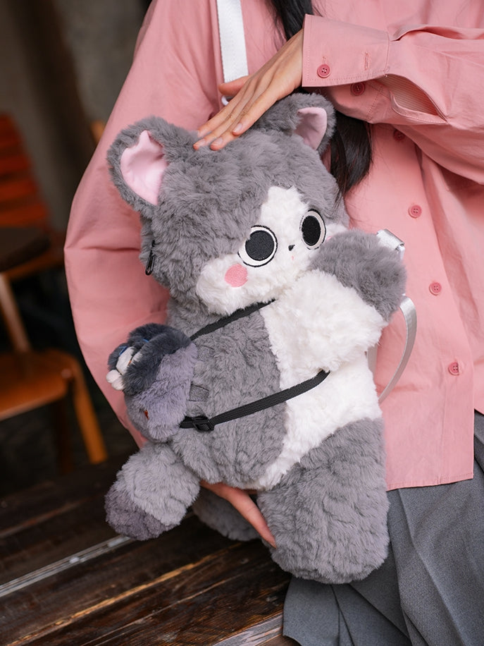 Gray Cute Plush Kitty Backpack/Crossbody Bag