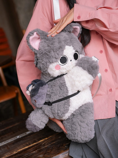 Gray Cute Plush Kitty Backpack/Crossbody Bag