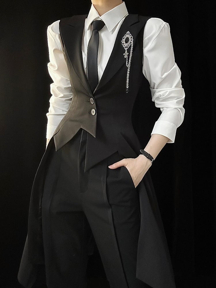 Ouji Lolita Black Tailcoat Vest with Peaked Lapel & Triangular Back Slit
