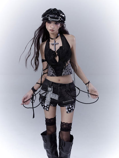 Punk Black Cross Applique Studded Glamorous Denim Shorts with Beaded Chain