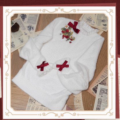 Strawberry Embroidery Neckline Bowknot on Cuffs White Autumn Knit Top