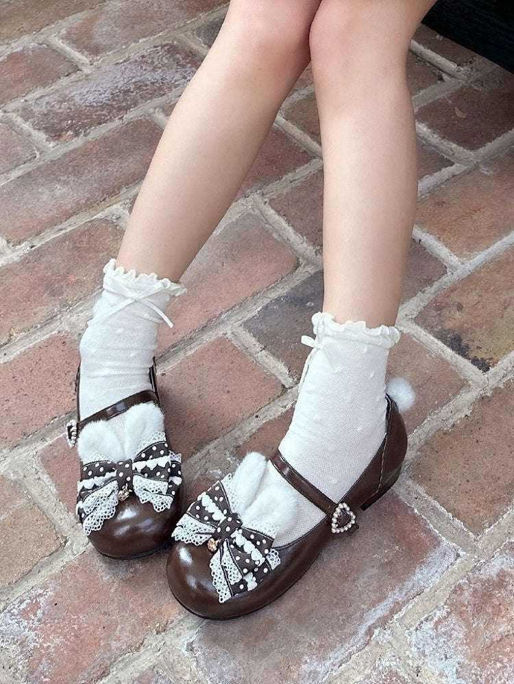 Sweet Brown Lolita Mary Jane Shoes with Bunny Ears & Pom Pom Tail