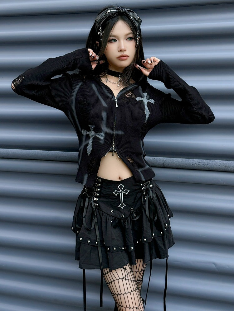 Gothic Punk Black Cross Charms Zipper Design PU Bowknot KC