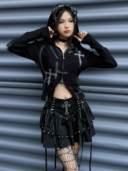 Gothic Punk Black Cross Charms Zipper Design PU Bowknot KC