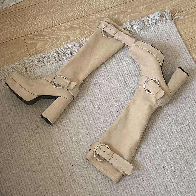 Khaki Lolita Platform Knee-High Boots - Square Toe High Block Heel with Buckle Accents & Inner Zip
