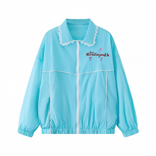 Blue Shirt Collar Elastic Cuffs and Hem Zip-up Jacket