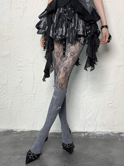 Gray Y2K Bowknot Details Hollowed-out Underknee Stockings