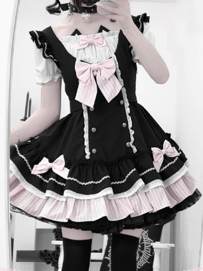 Kitty Ears Design Neckline Black and Pink Sweet Lolita One Piece with Detachable Bowknots