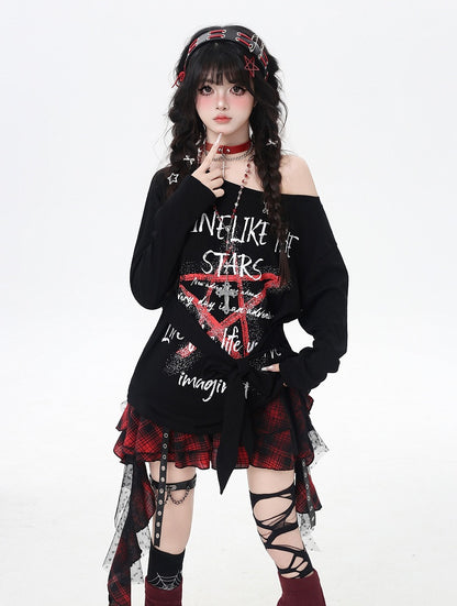 Black Asymmetrical Neckline Star Graffiti Print Loose Top