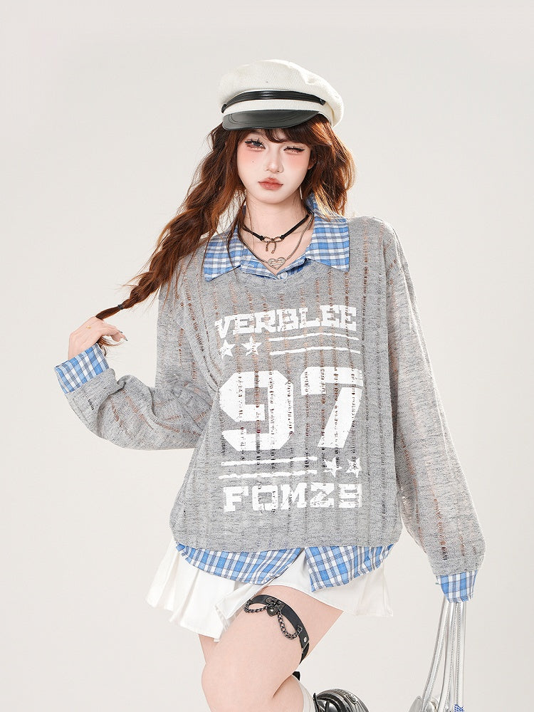 Plaid Hem Gray/White Distressed Holes Coverup Faux Two-pieces