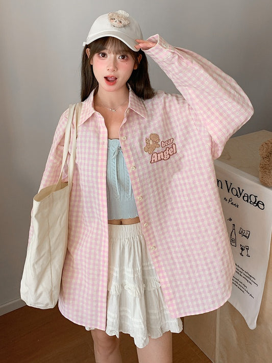 Adorable Bear Embroidery Pink Loose Plaid Shirt