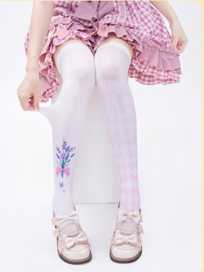 White & Pink Lavender Print Diamond Pattern Over Knee Stockings