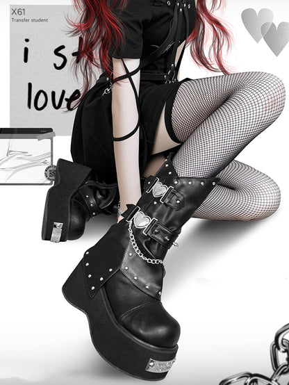 Punk Silver-tone Studs Black Gothic Platform Boots