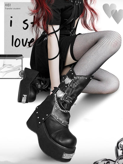Punk Silver-tone Studs Black Gothic Platform Boots