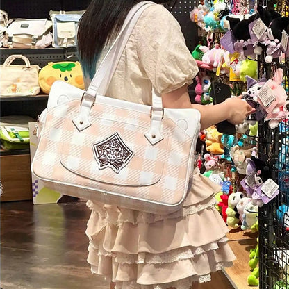 Plaid Pattern Large Capacity White Ita Tote Bag