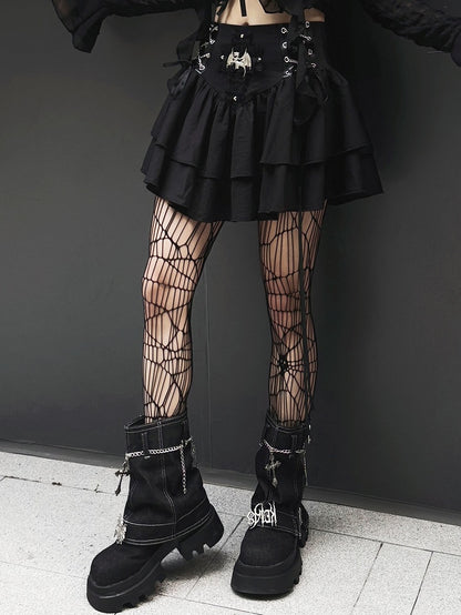 Punk Dragon Adorned Black Tiered Skirt Criss-cross Chain Design