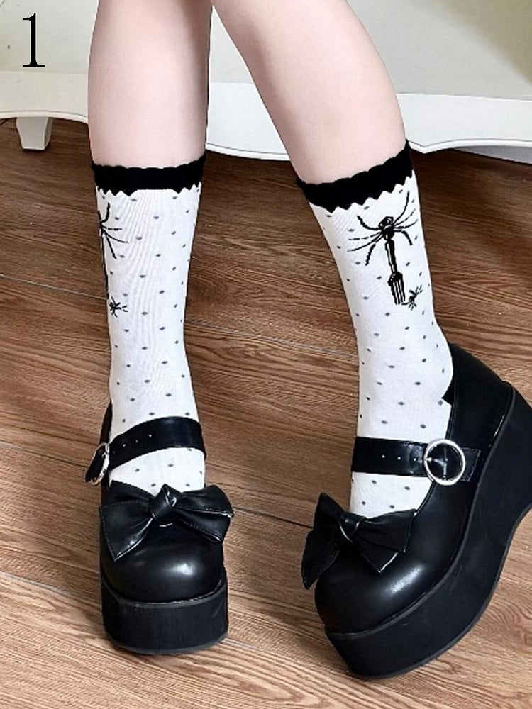 Black Fork Spider Polka-dot Pattern Lolita Calf Socks