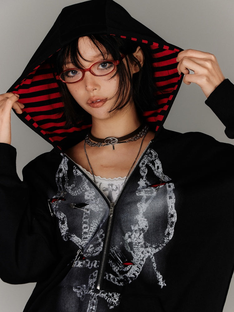 Y2K Black Distressed Holes Pin Accents Graphic Hoodie Faux Two-pieces