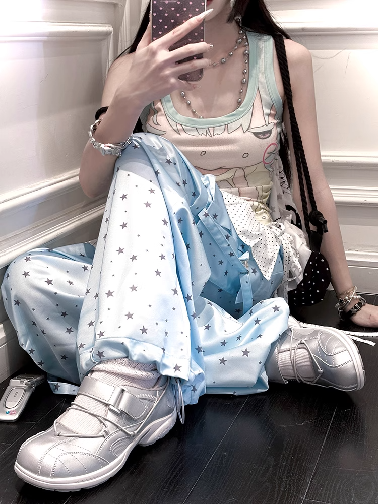 Anime Girl Print Mint Green Square Neckline Tank Top