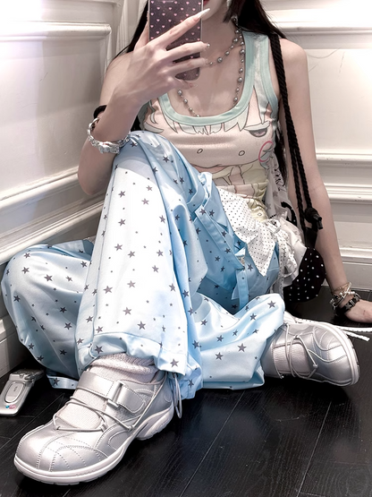 Anime Girl Print Mint Green Square Neckline Tank Top