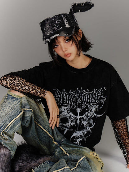 Punk Black Hollow-out Fishnet Long Sleeves Top