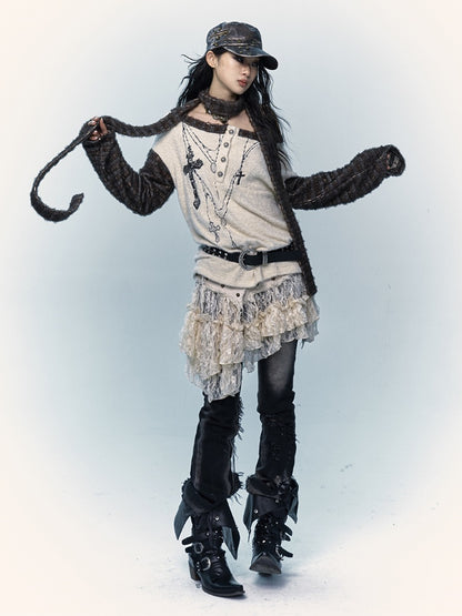 Off-the-shoulder Cross Embroidery Apricot Top with Scarf