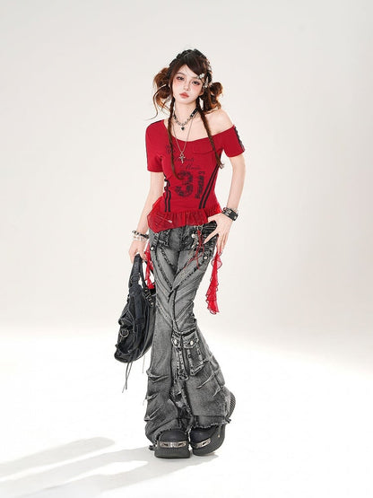 Black Faded Wash Cargo Pockets Raw Hem Distressed Flared Jeans