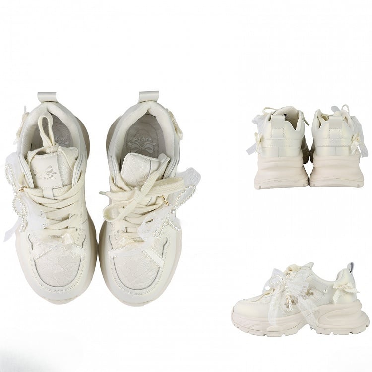 White Beaded Decorated Bowknot Details Front Lace-up Ties Sneakers