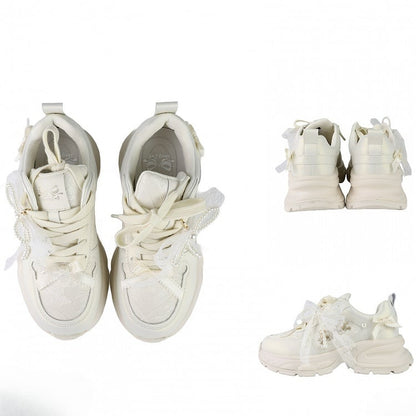 White Beaded Decorated Bowknot Details Front Lace-up Ties Sneakers