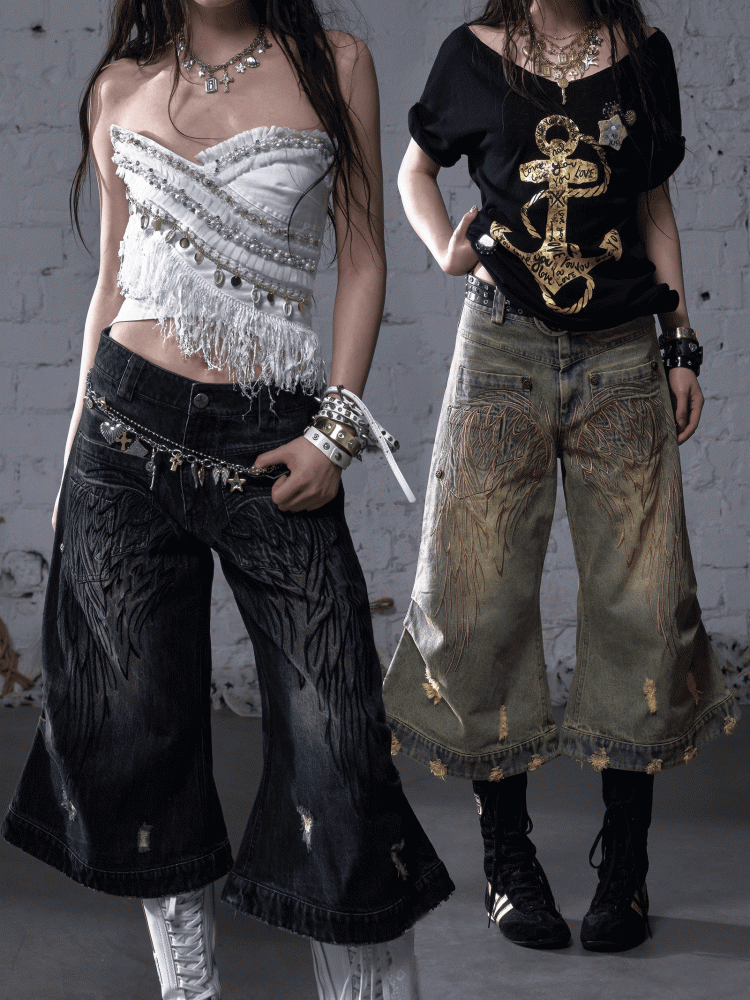 Blue/Yellow Faded Wash Distressed Holes Angel Wing Embroidery Vintage Punk Wide-leg Jeans